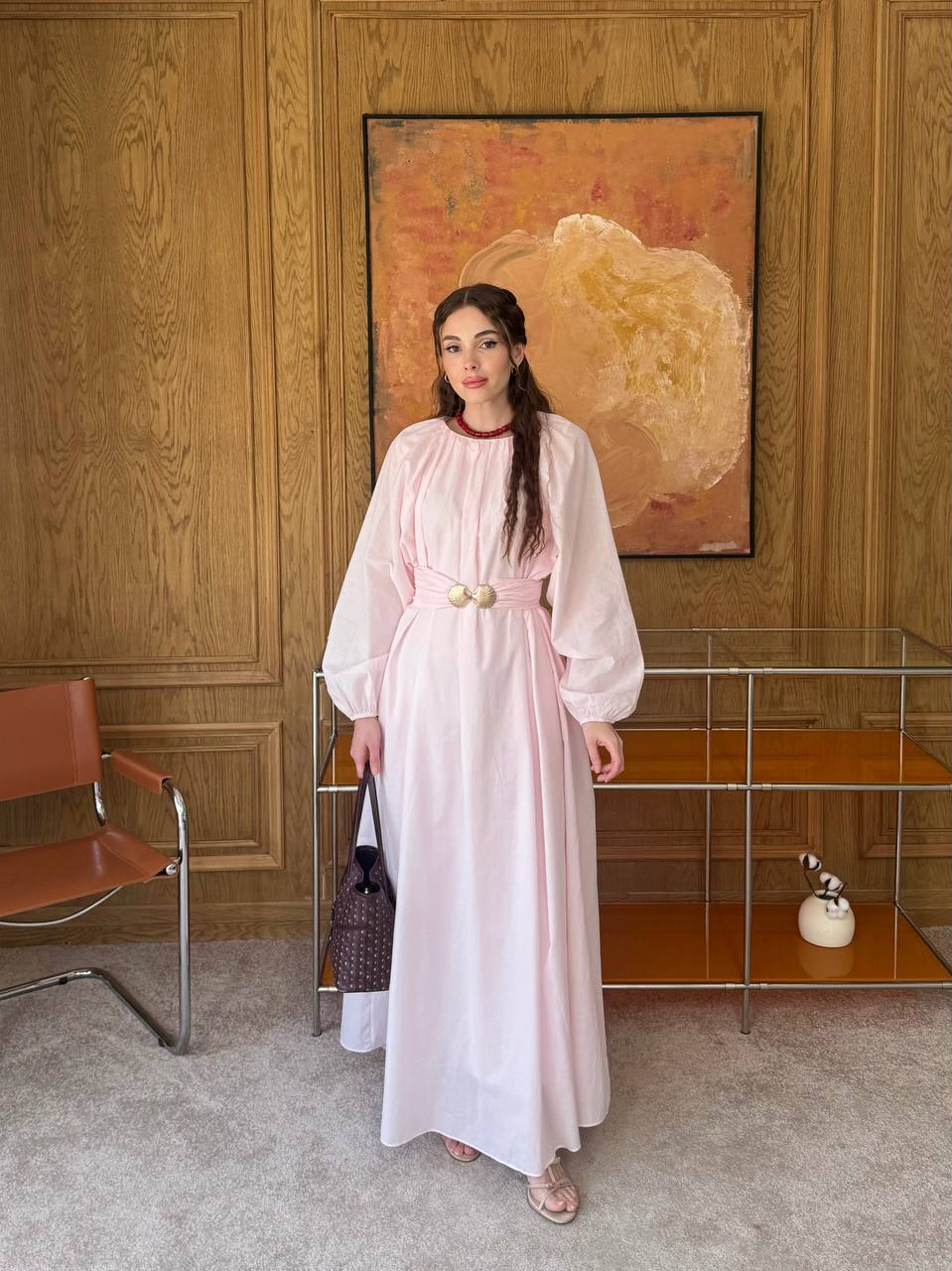 فستان طويل بحزام معدني – Maxi Dress with (extra over sized) Gold Buckle Belt