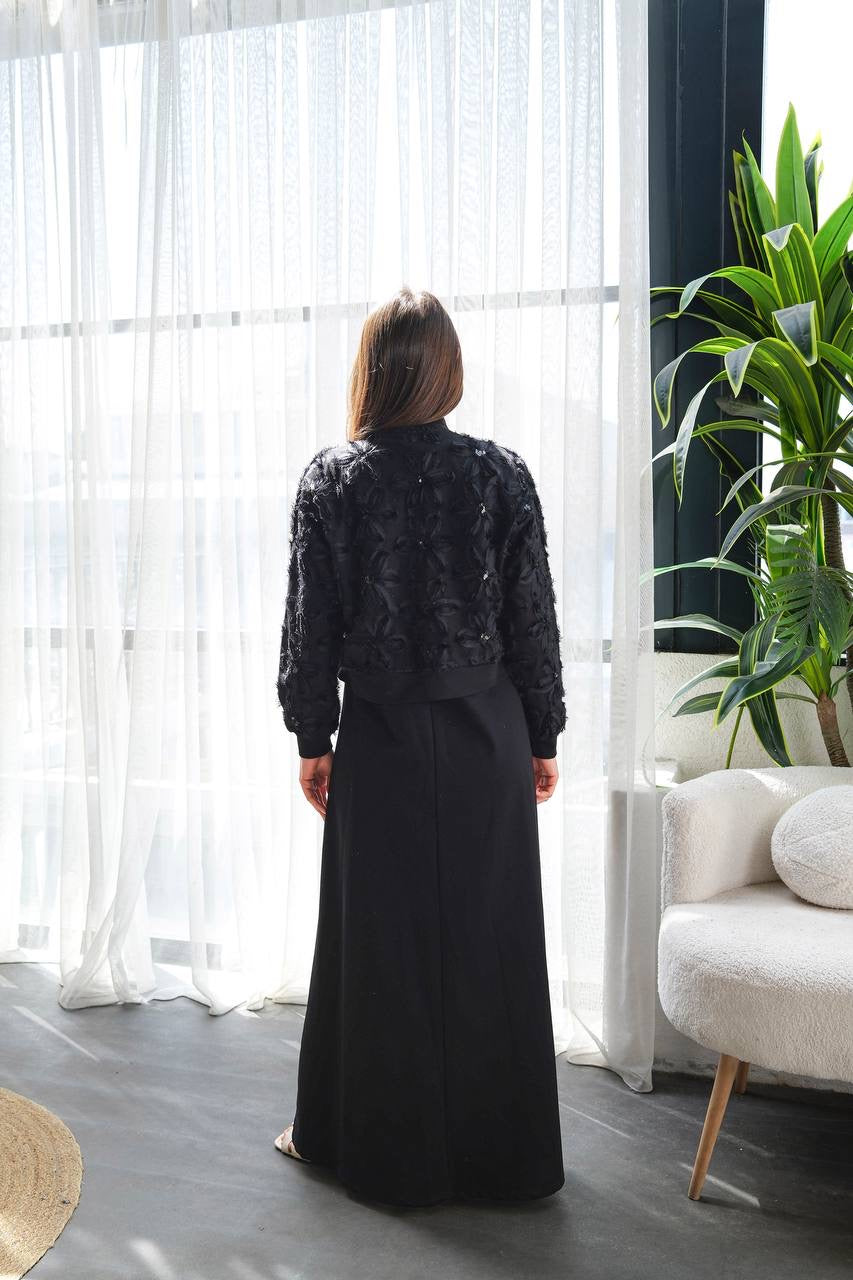 Midnight Flowers Dress Set – طقم ورود منتصف الليل (فستان حفر وجكيت)
