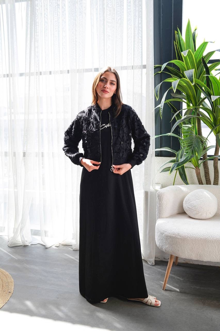 Midnight Flowers Dress Set – طقم ورود منتصف الليل (فستان حفر وجكيت)