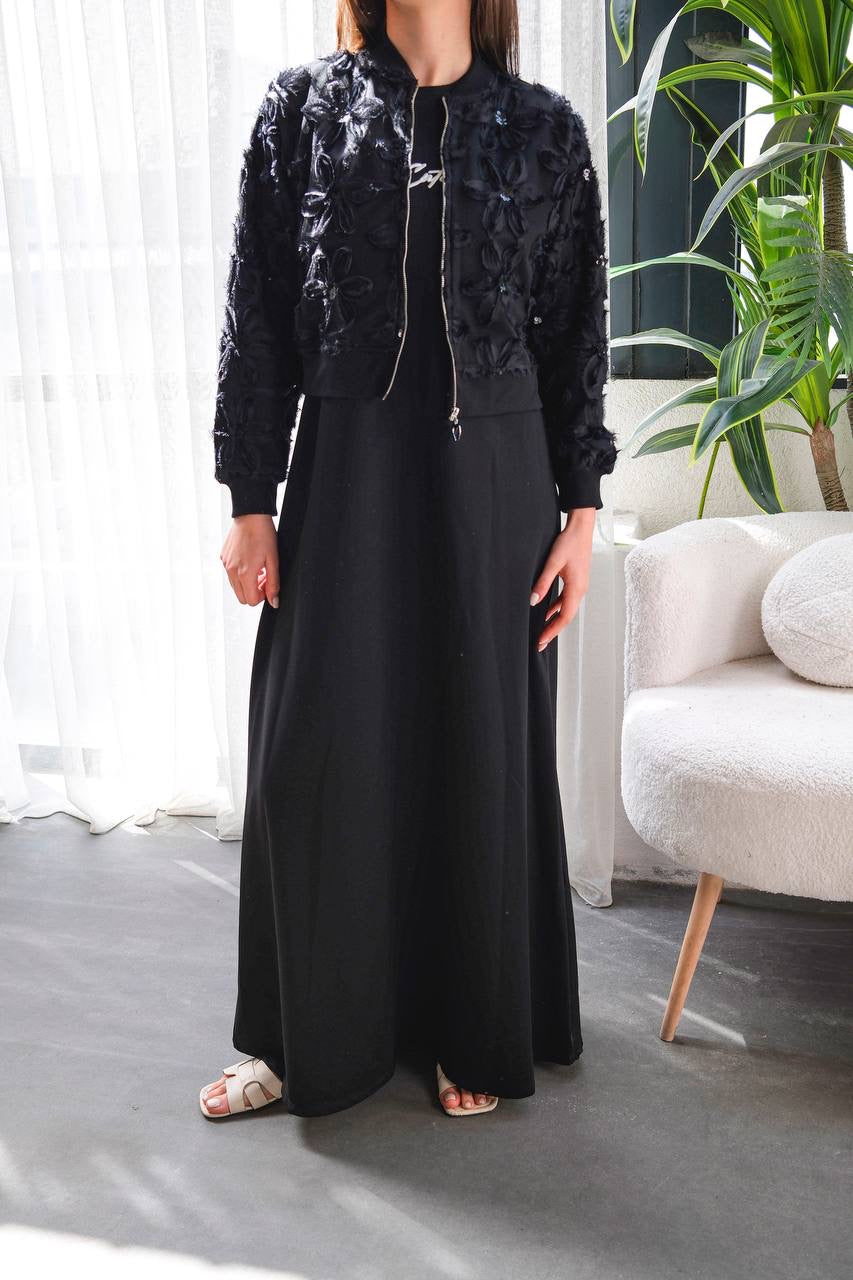 Midnight Flowers Dress Set – طقم ورود منتصف الليل (فستان حفر وجكيت)