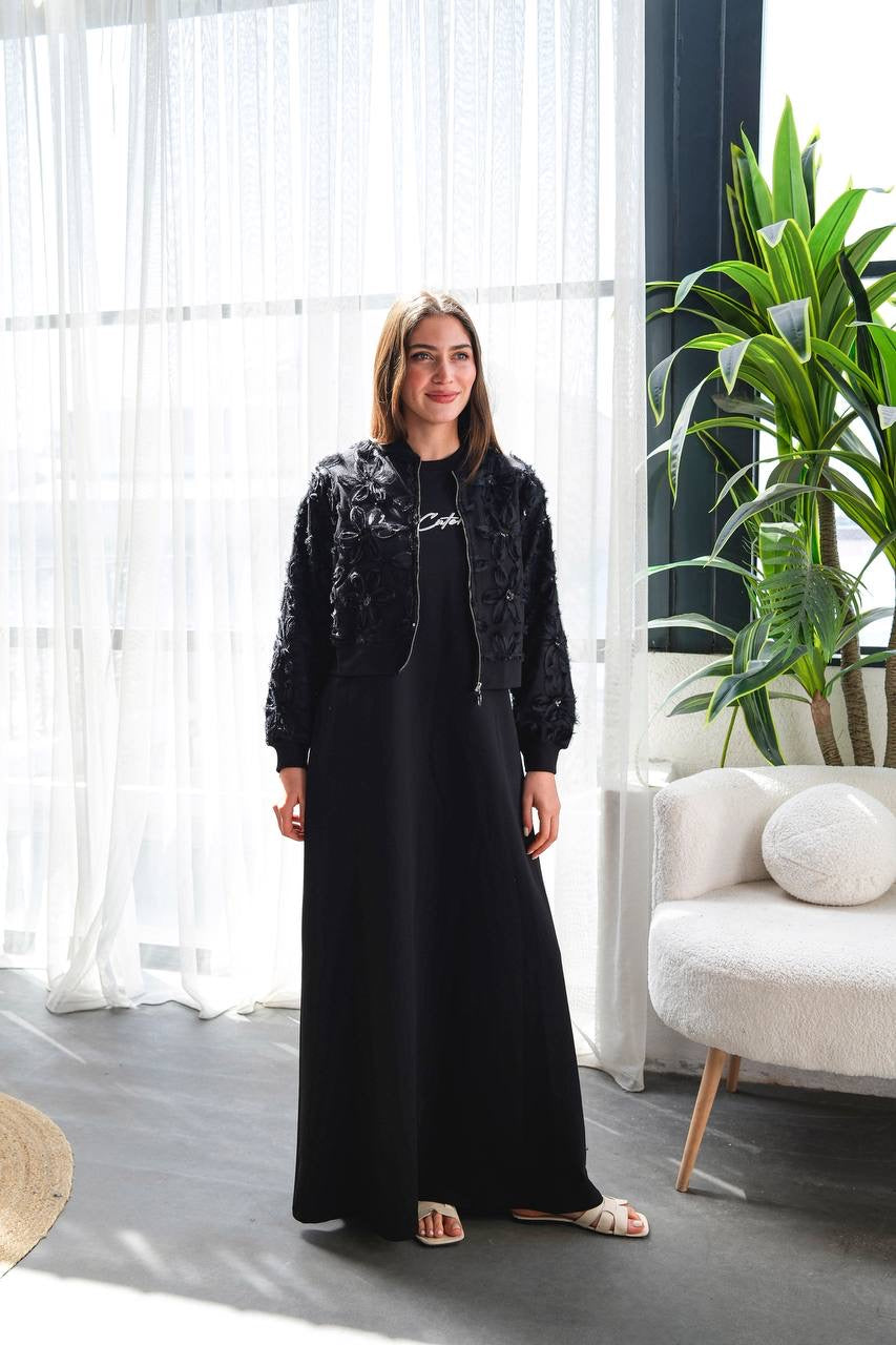 Midnight Flowers Dress Set – طقم ورود منتصف الليل (فستان حفر وجكيت)
