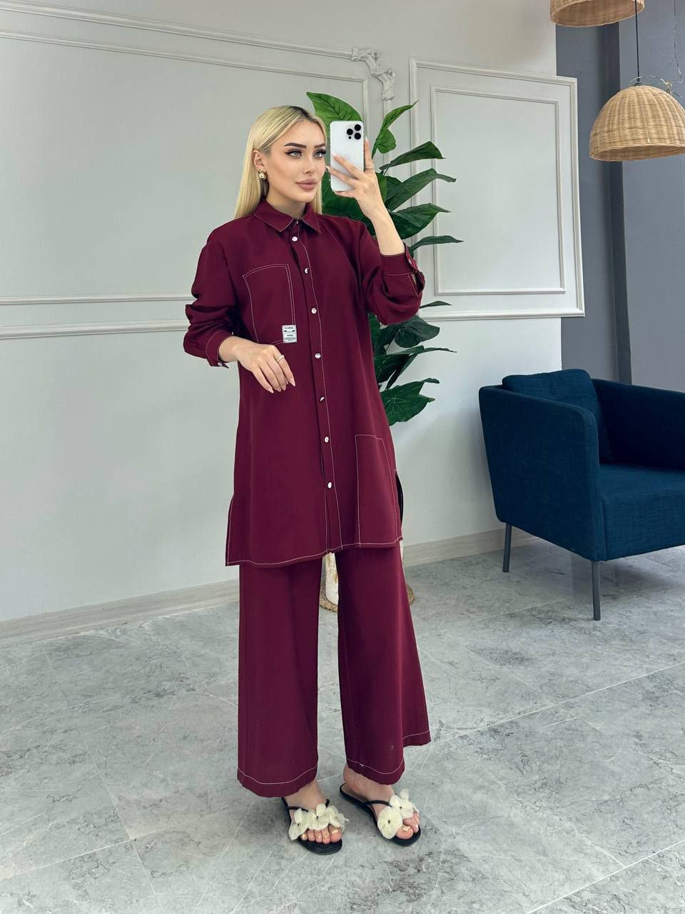 طقم كاجوال مكوّن من قميص بأزرار وبنطلون واسع – Casual Set with Button-Down Shirt & Wide-Leg Pants (4 Colours)