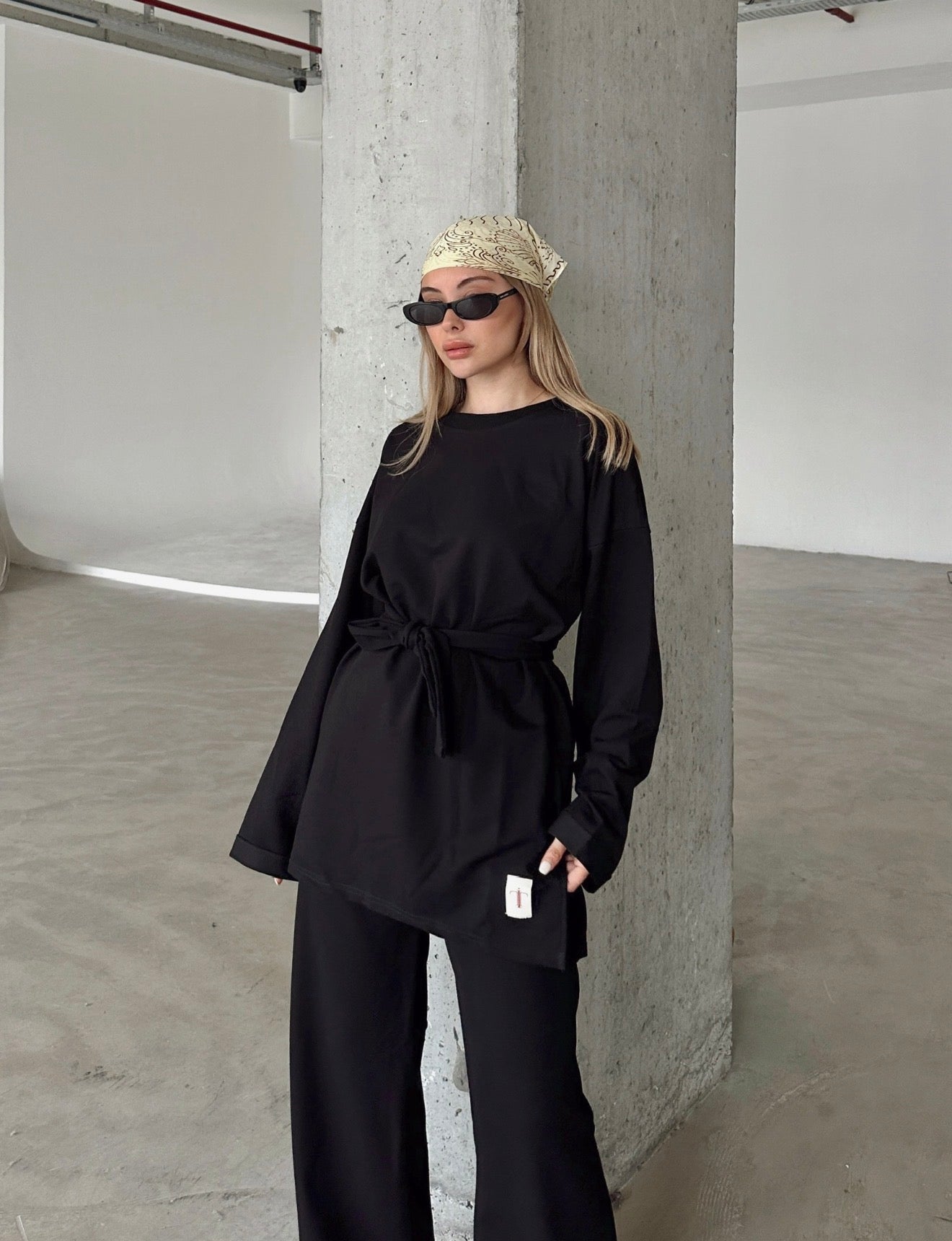 Oversized Belted Sweatshirt and Wide-Leg Pants Set