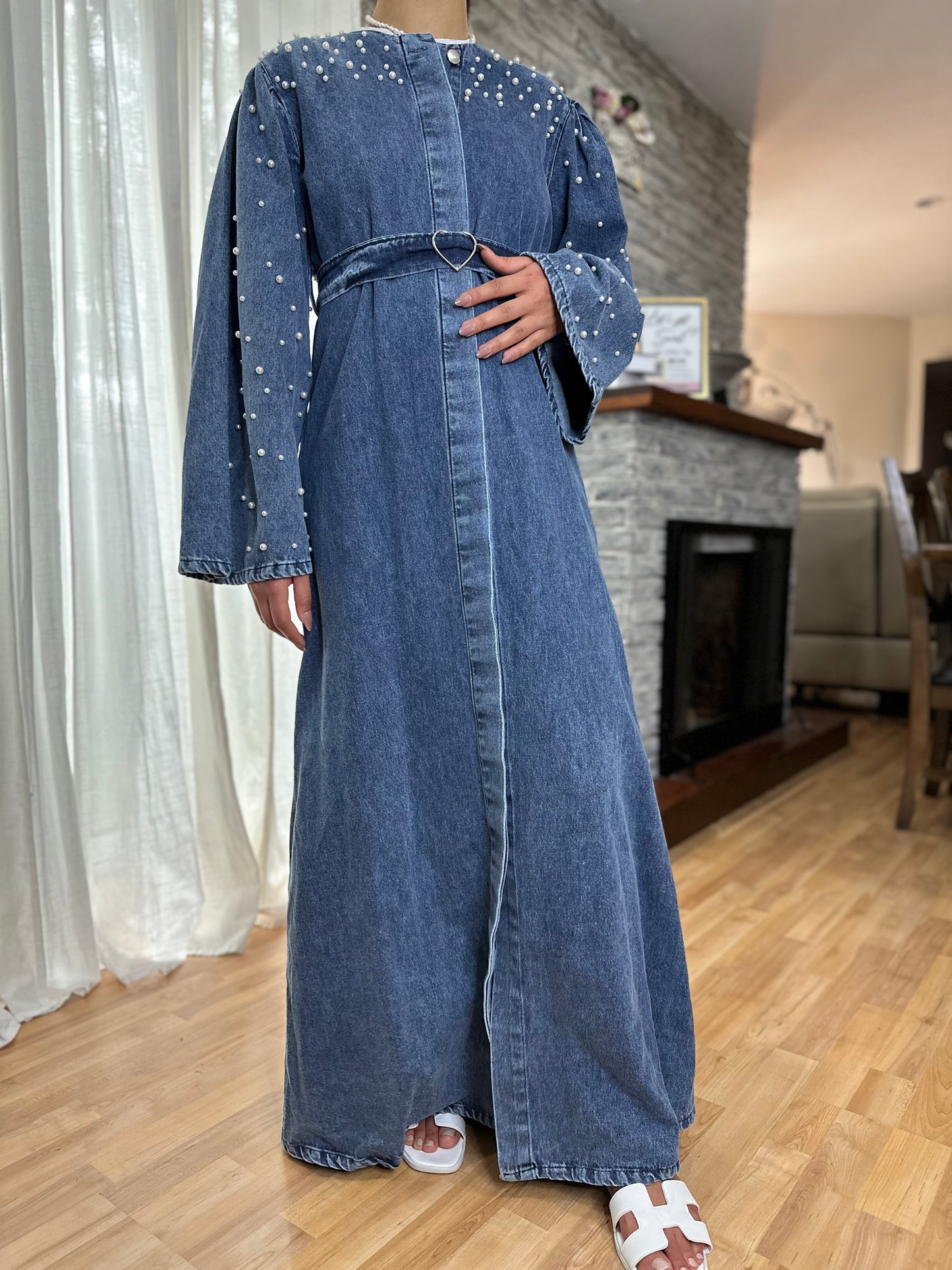 Studded Belted Pearl Denim Puffy Sleeve Maxi Modest Dress (2C)