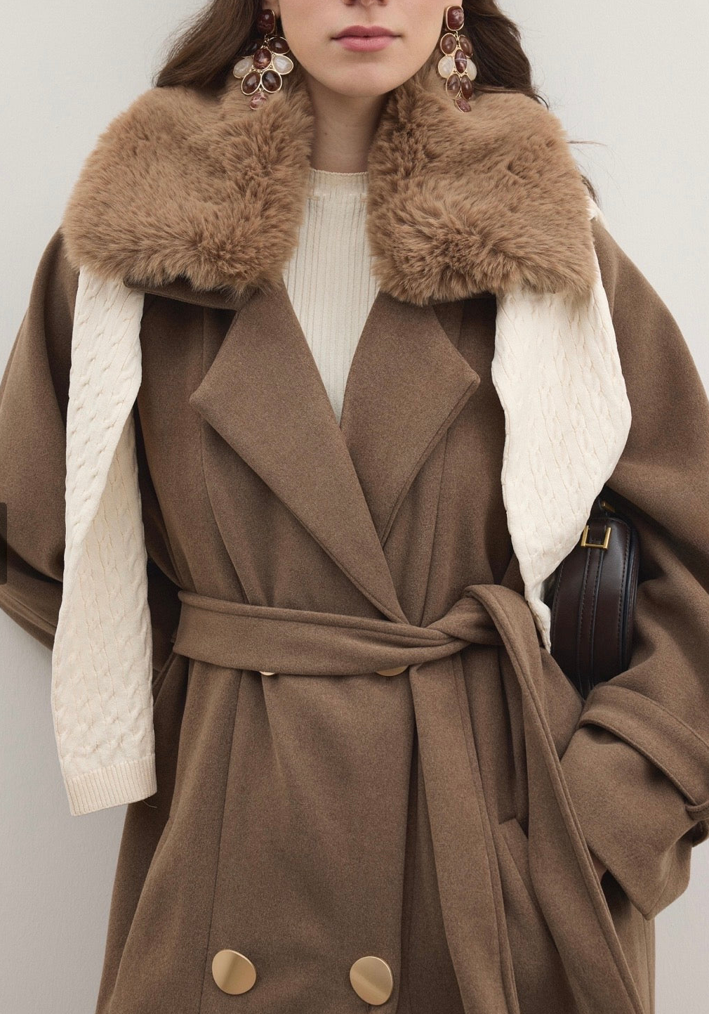 Long Double-Breasted Coat with Fur