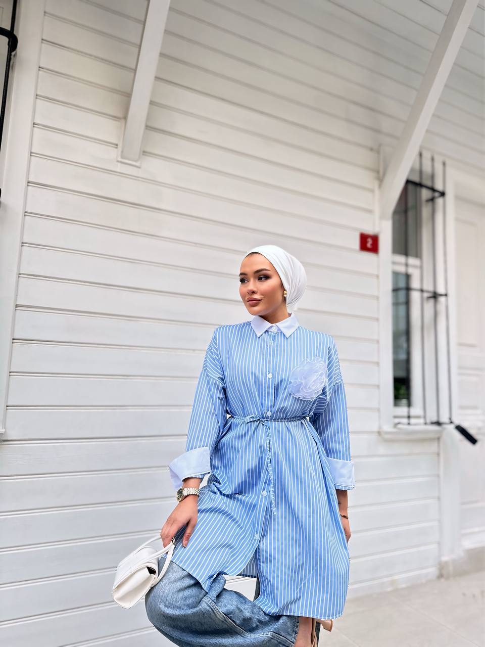 Jewelled Stripped Poplin Belted Modest Summer Shirt