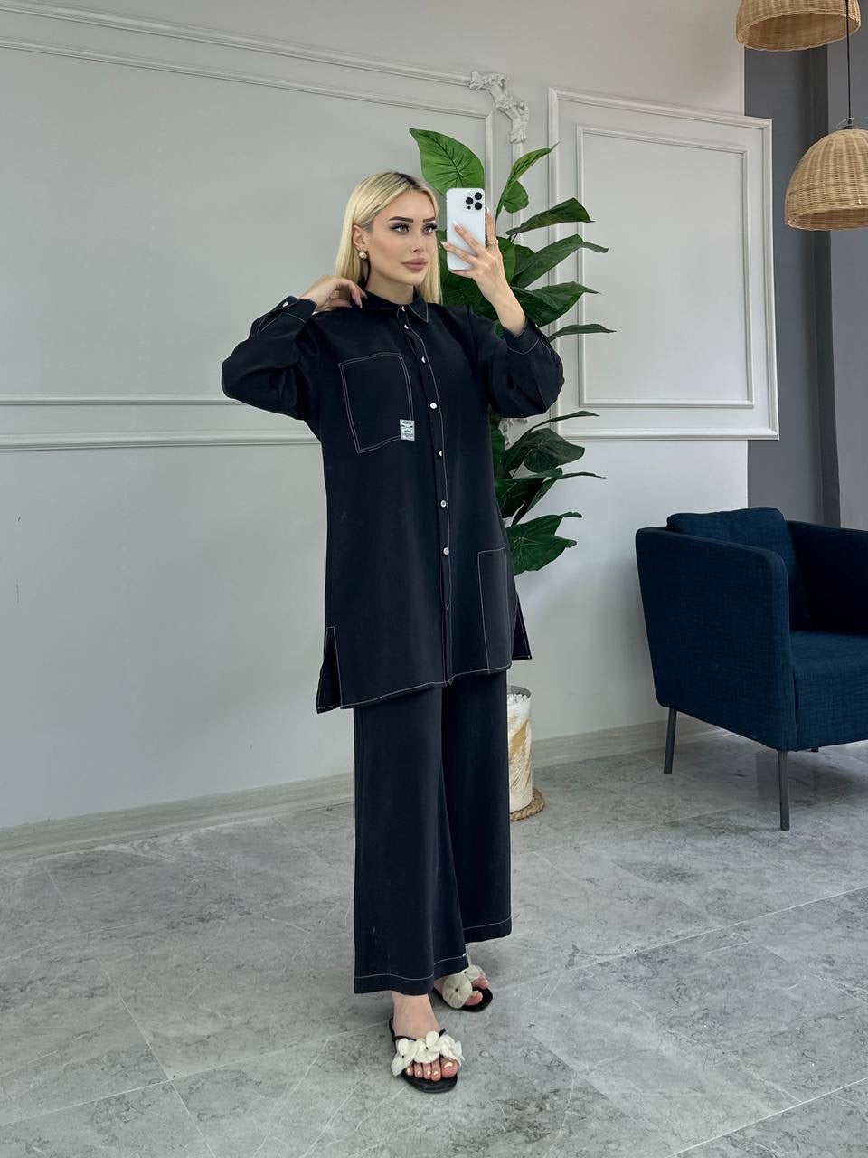 طقم كاجوال مكوّن من قميص بأزرار وبنطلون واسع – Casual Set with Button-Down Shirt & Wide-Leg Pants (4 Colours)
