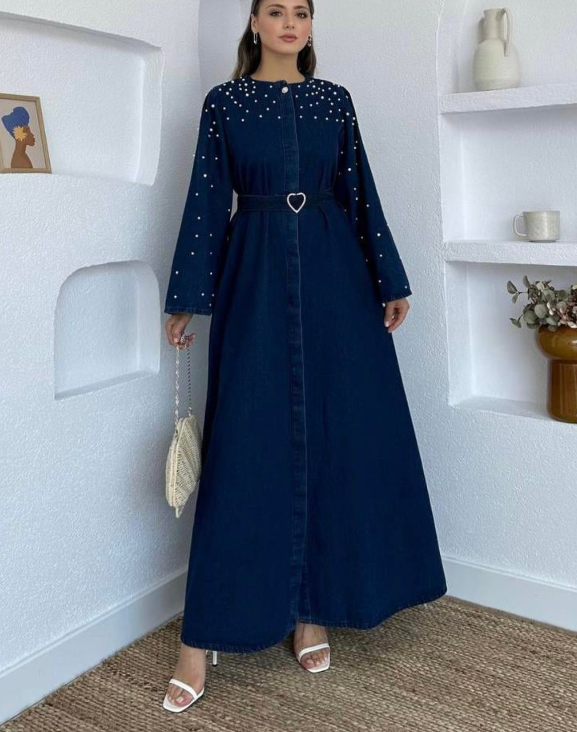 Studded Belted Pearl Denim Puffy Sleeve Maxi Modest Dress (2C)