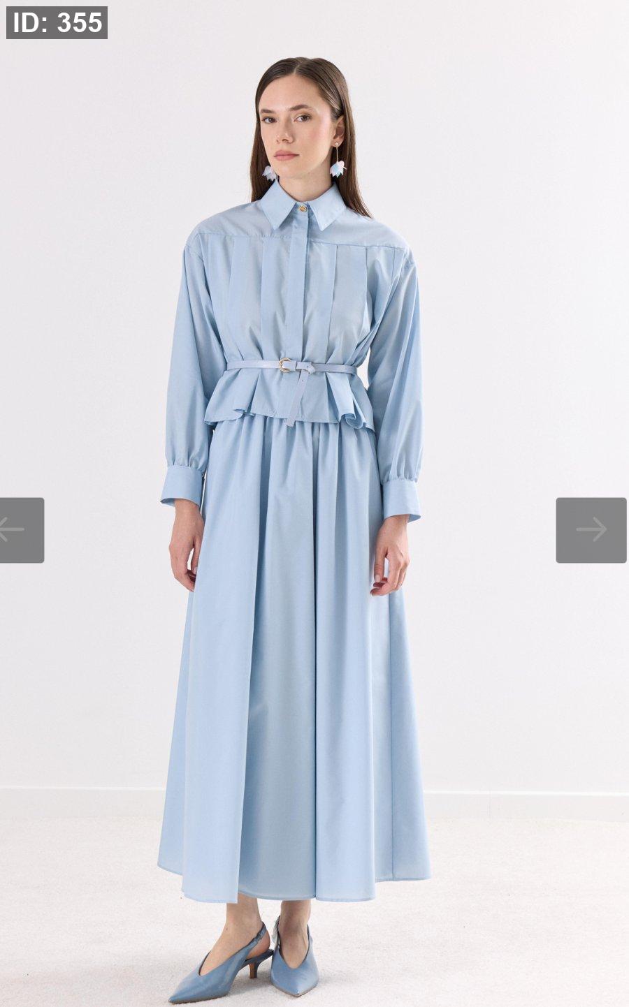 Midi Skirt & Classic Collar Shirt Set + Belt