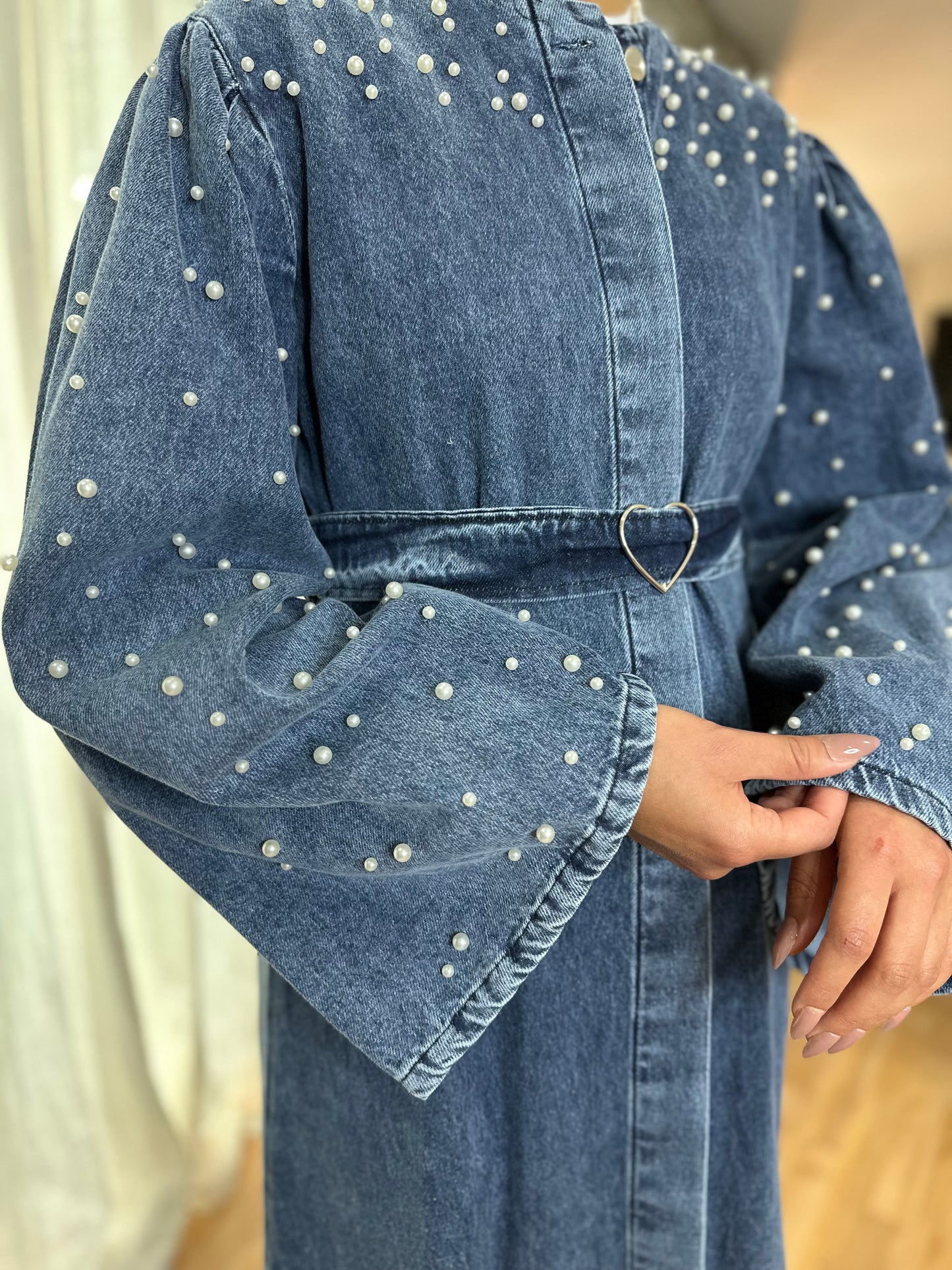 Studded Belted Pearl Denim Puffy Sleeve Maxi Modest Dress (2C)