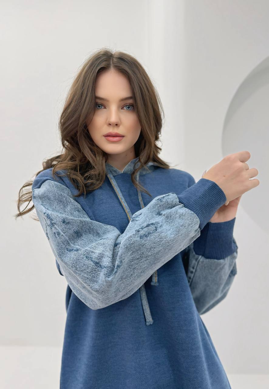 Denim-Sleeved Triko Hooded Comfort Set