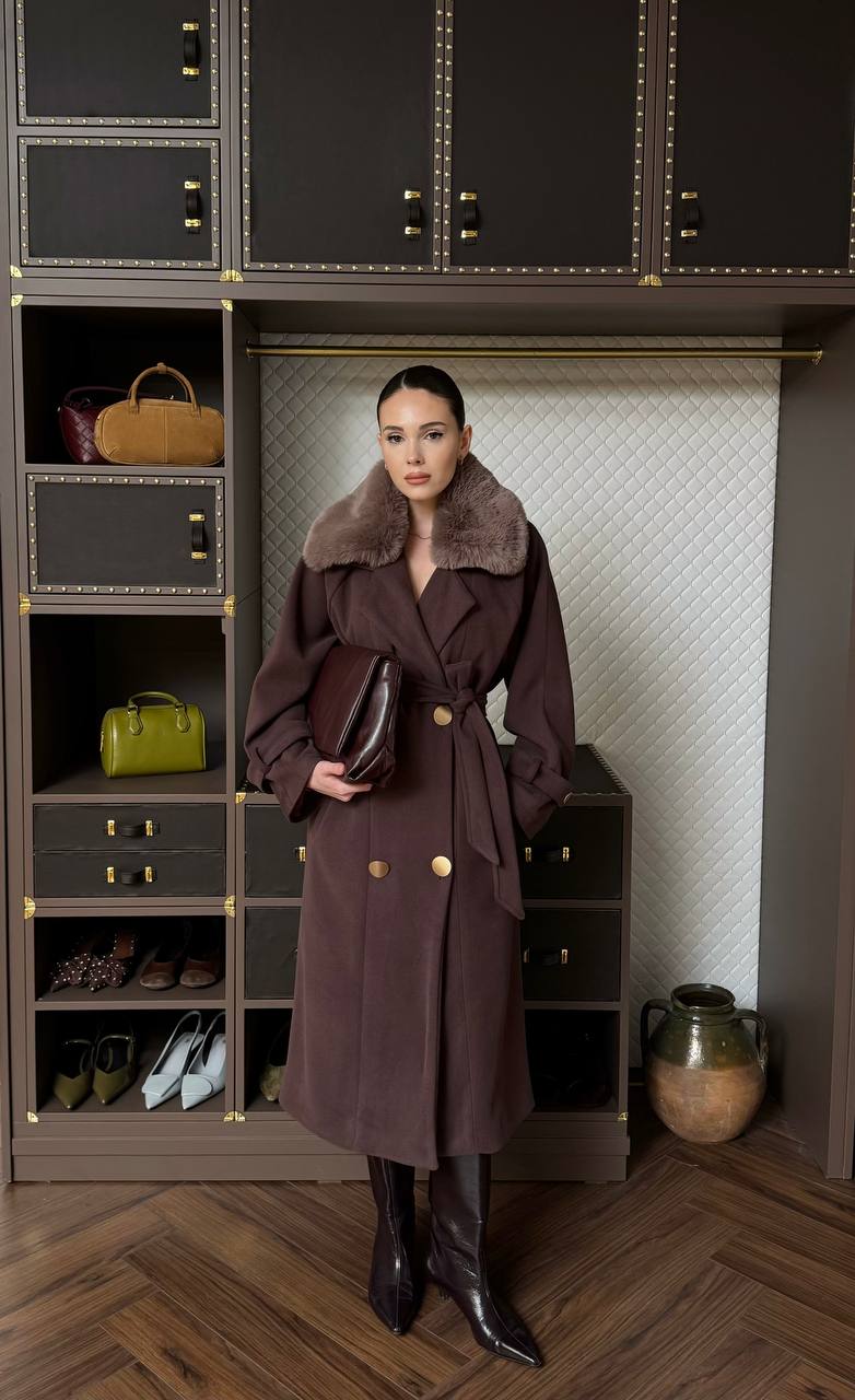 Long Double-Breasted Coat with Fur