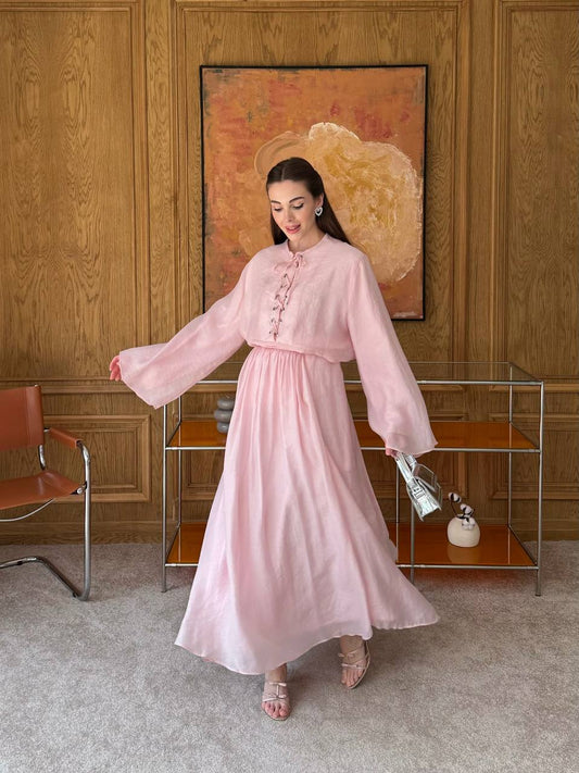 طقم تنورة بأزرار زخرفية وأكمام واسعة – Skirt Set with Decorative Buttons & Wide Sleeves(2 Colours) (مبطن كامل)