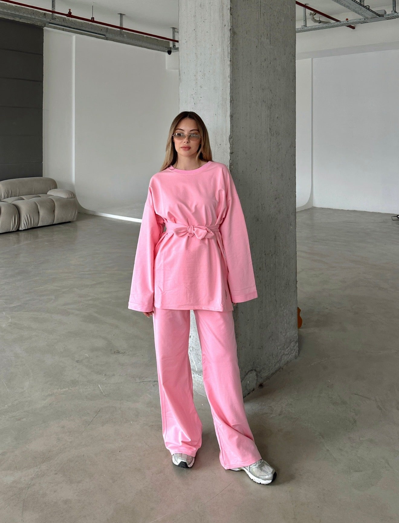 Oversized Belted Sweatshirt and Wide-Leg Pants Set