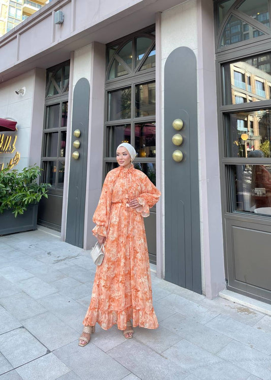 Padded Elegant Floral Orange Maxi Dress with Puff Sleeves