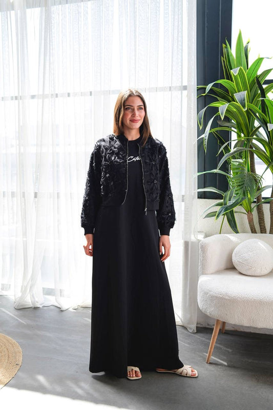 Midnight Flowers Dress Set – طقم ورود منتصف الليل (فستان حفر وجكيت)