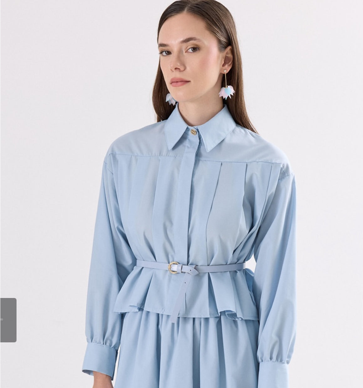 Midi Skirt & Classic Collar Shirt Set + Belt