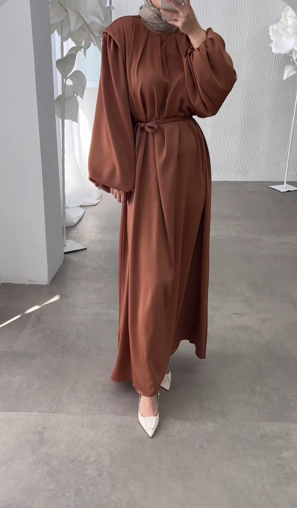 Maxi Satin Belted Modest Dress (3C)