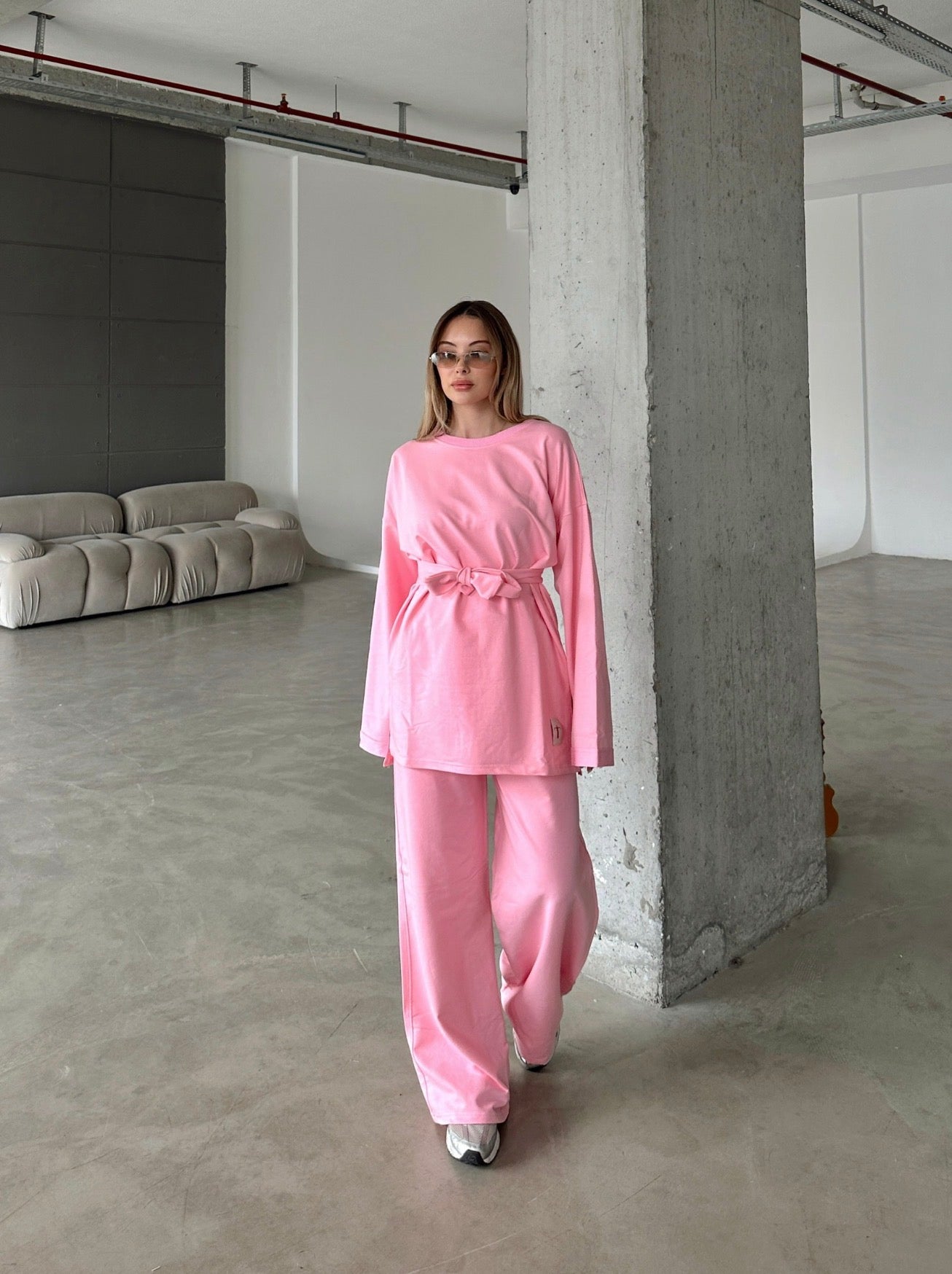 Oversized Belted Sweatshirt and Wide-Leg Pants Set