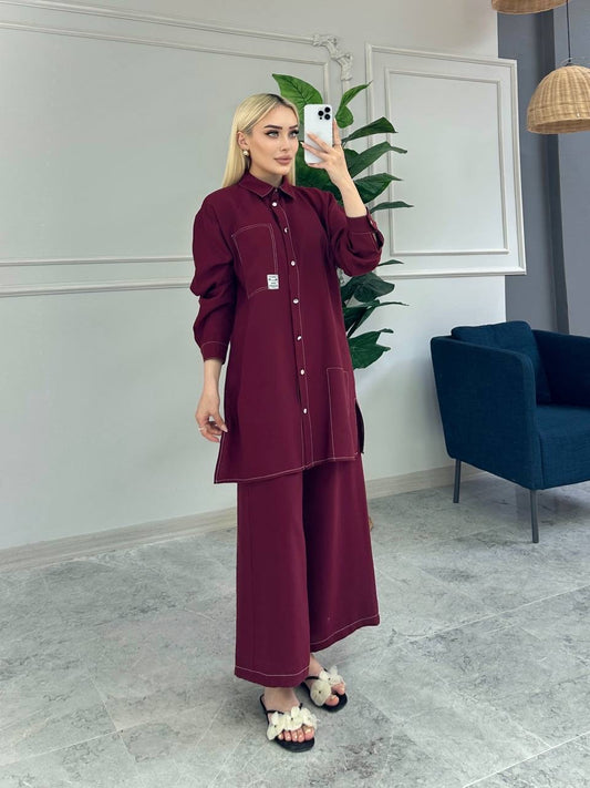 طقم كاجوال مكوّن من قميص بأزرار وبنطلون واسع – Casual Set with Button-Down Shirt & Wide-Leg Pants (4 Colours)