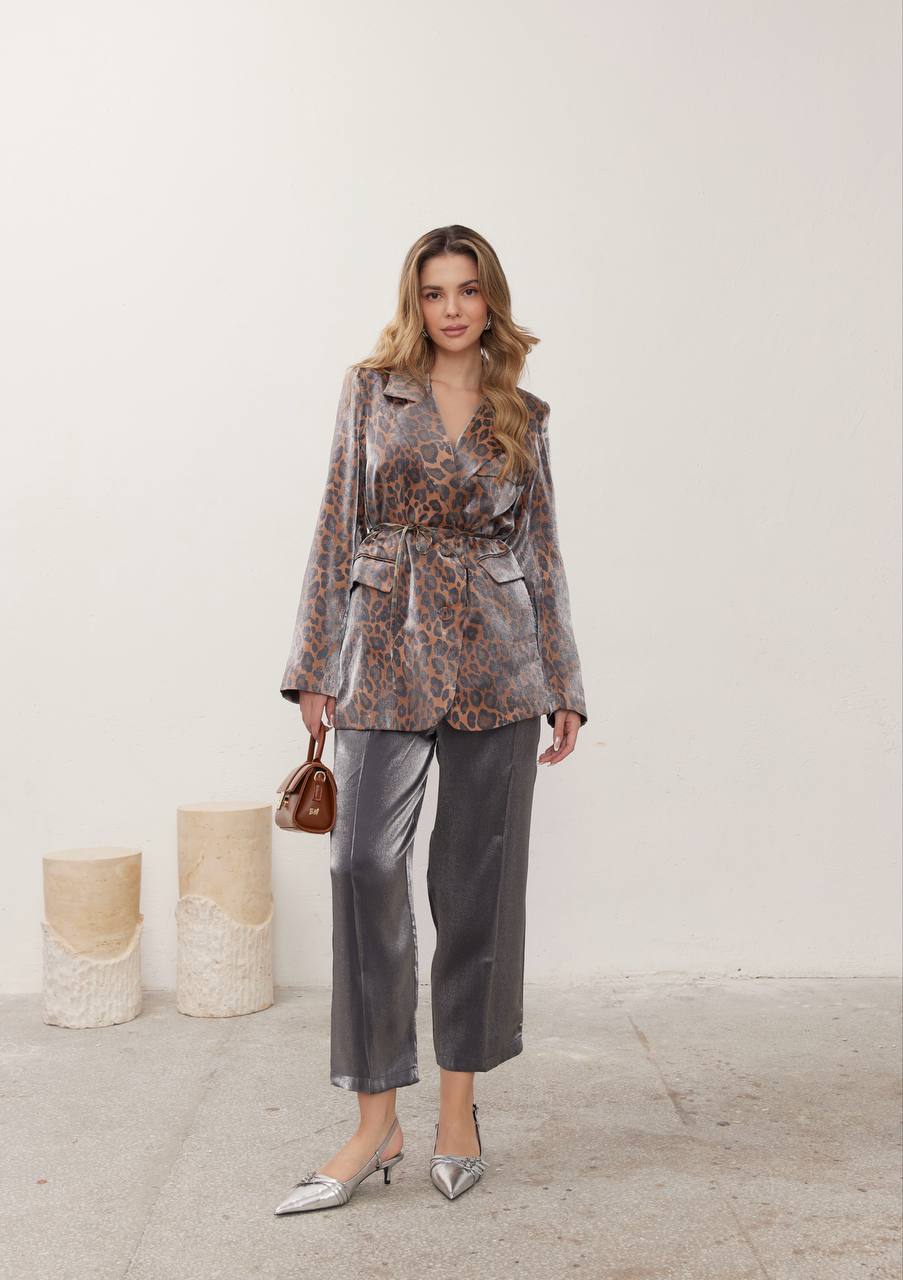 Metallic Leopard-Print Wrap Blazer Set