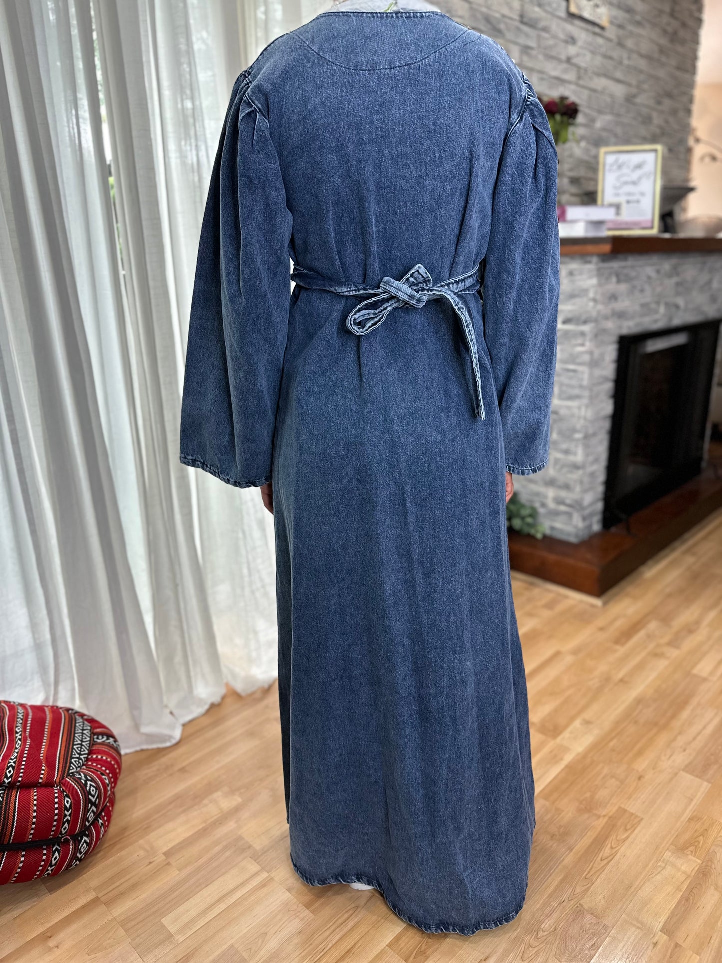 Studded Belted Pearl Denim Puffy Sleeve Maxi Modest Dress (2C)