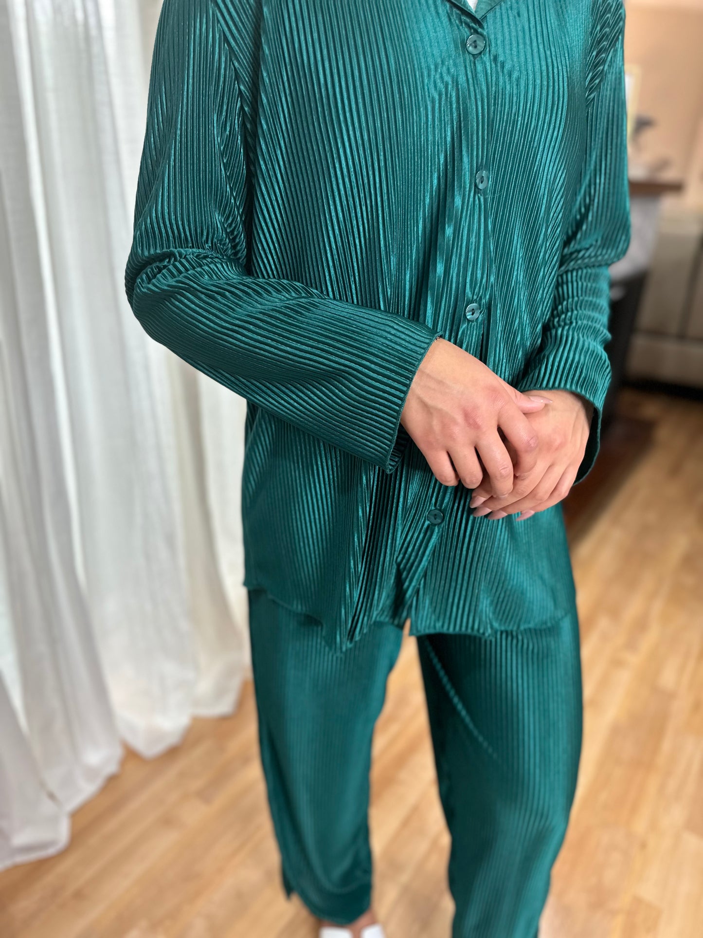 Emerald Satin Pleated Set