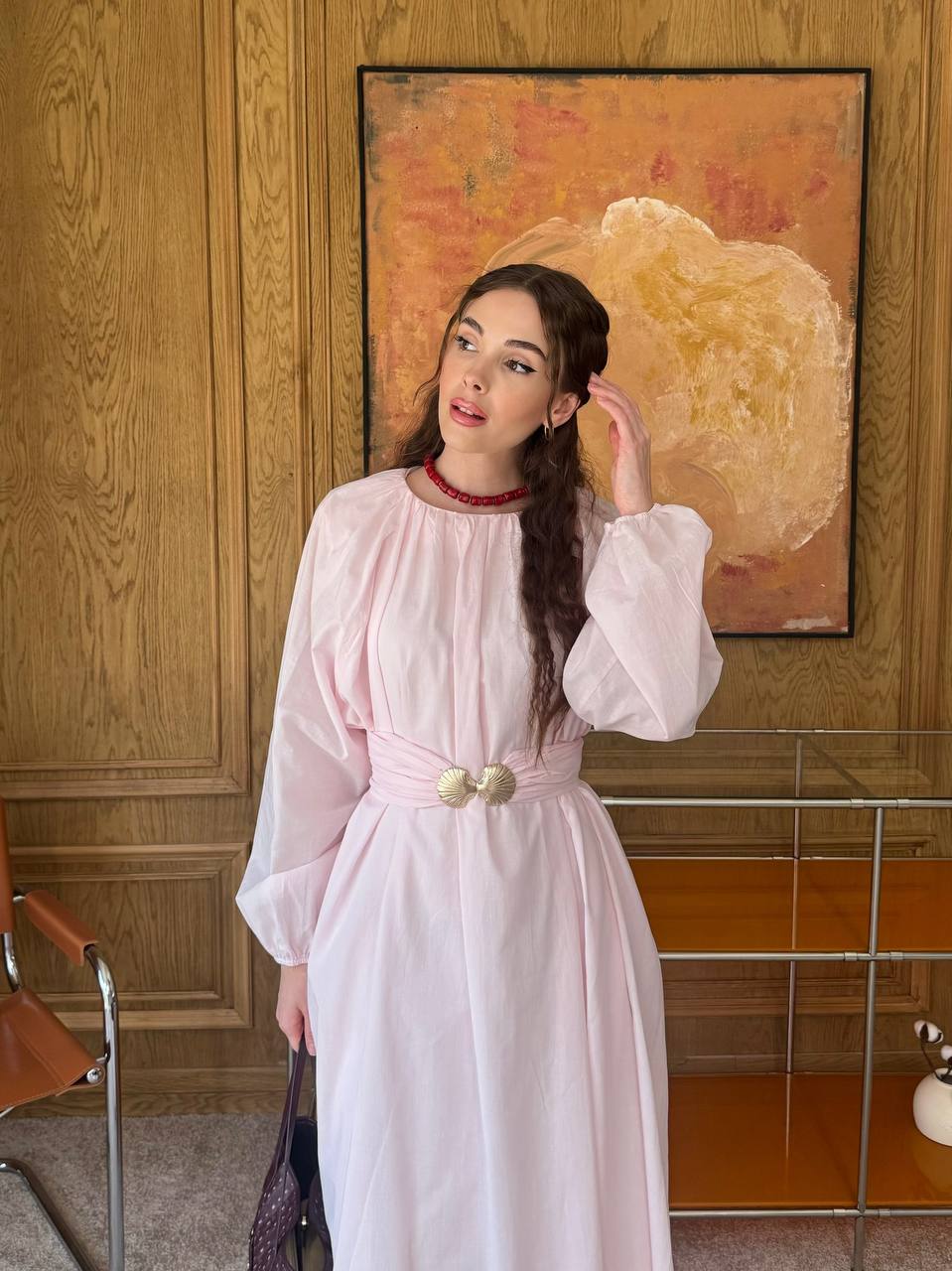 فستان طويل بحزام معدني –  Maxi Dress with  (extra over sized) Gold Buckle Belt