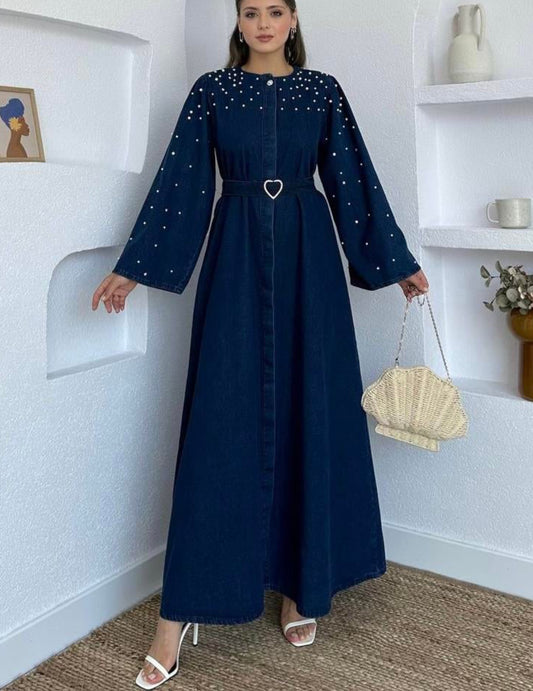 Studded Belted Pearl Denim Puffy Sleeve Maxi Modest Dress (2C)