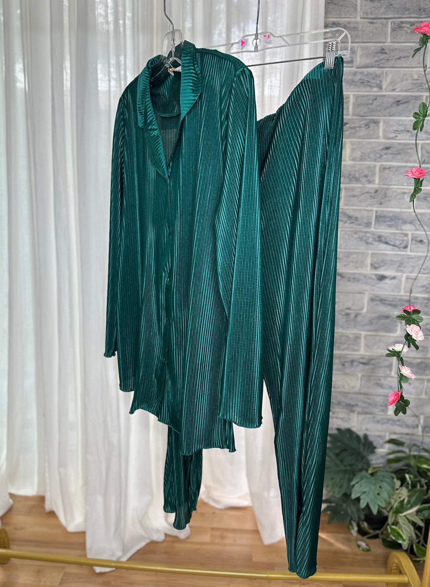 Emerald Satin Pleated Set