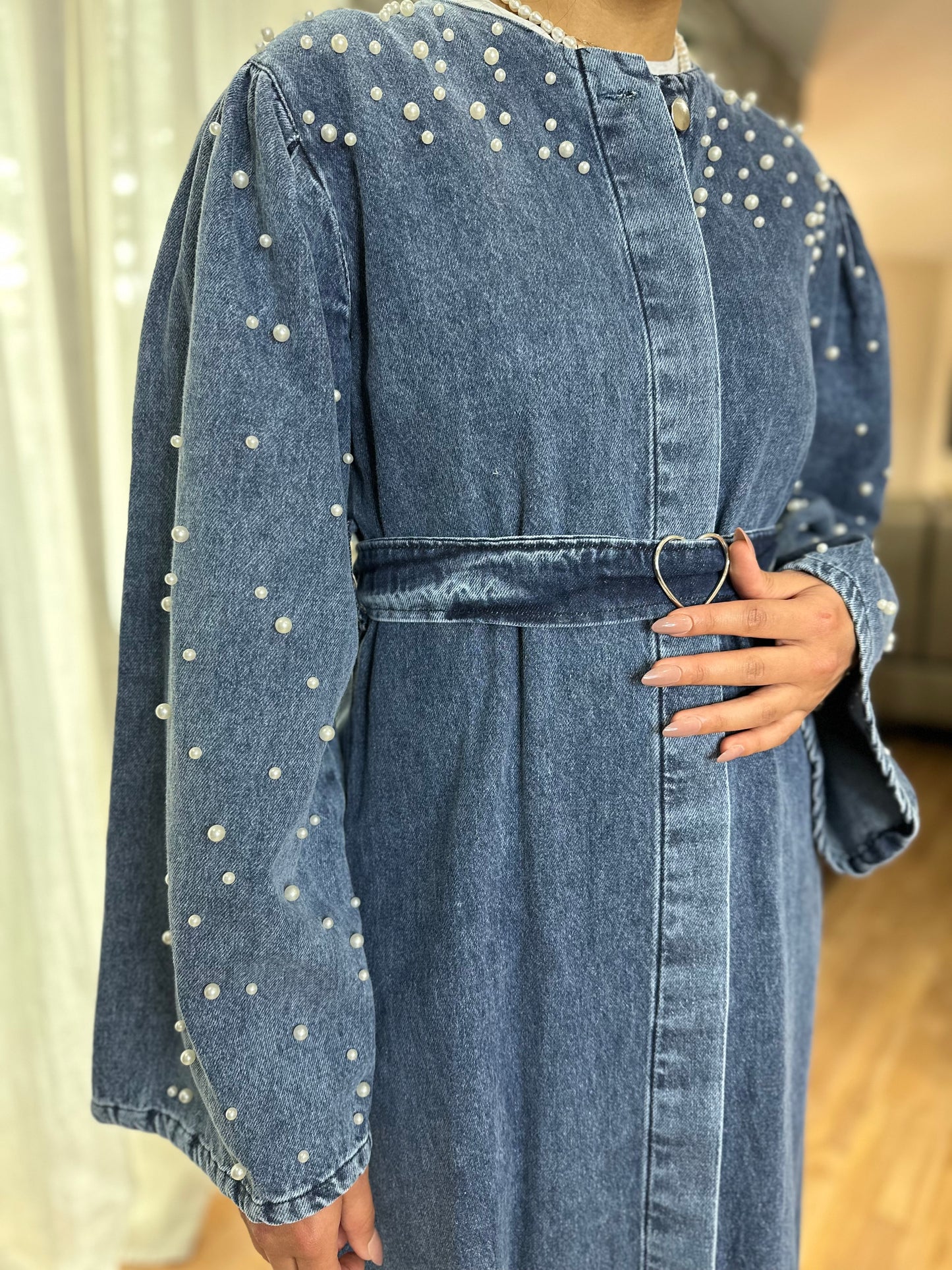 Studded Belted Pearl Denim Puffy Sleeve Maxi Modest Dress (2C)