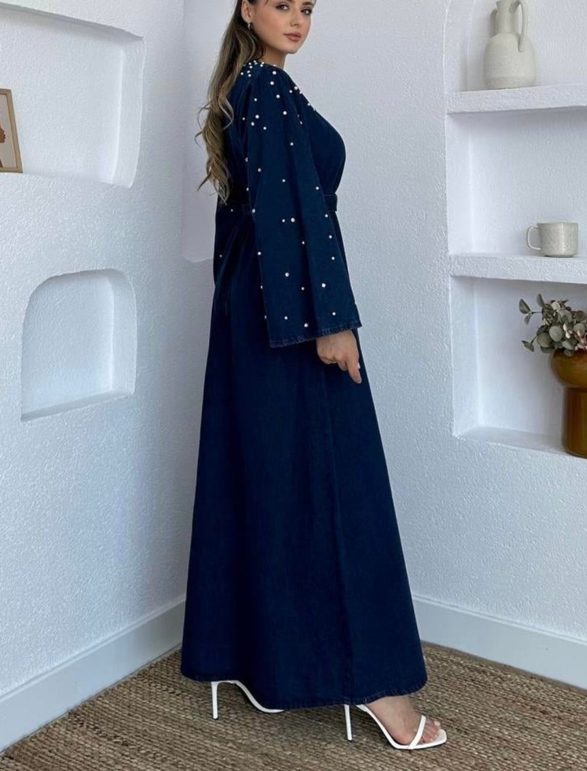 Studded Belted Pearl Denim Puffy Sleeve Maxi Modest Dress (2C)