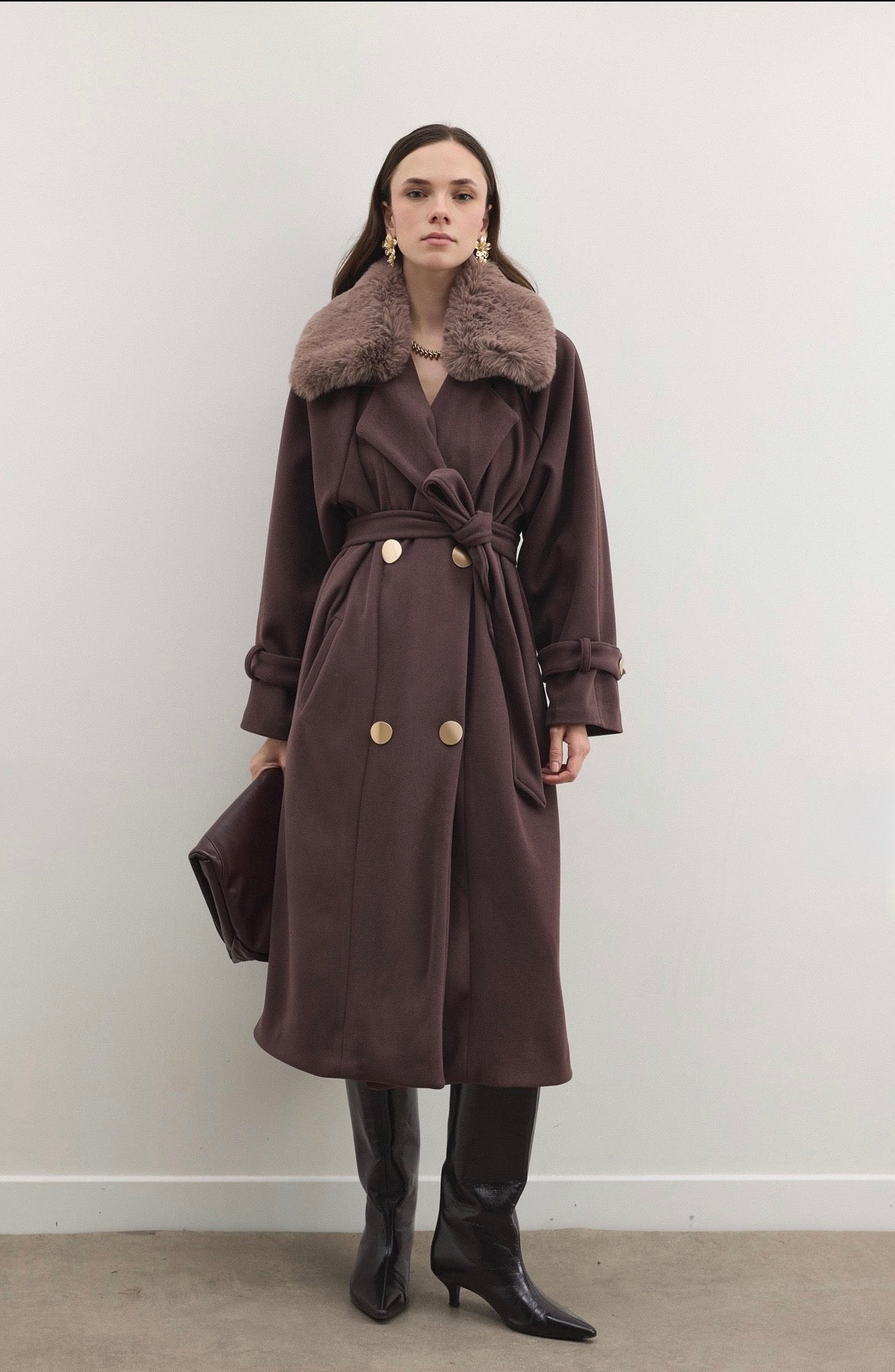 Long Double-Breasted Coat with Fur