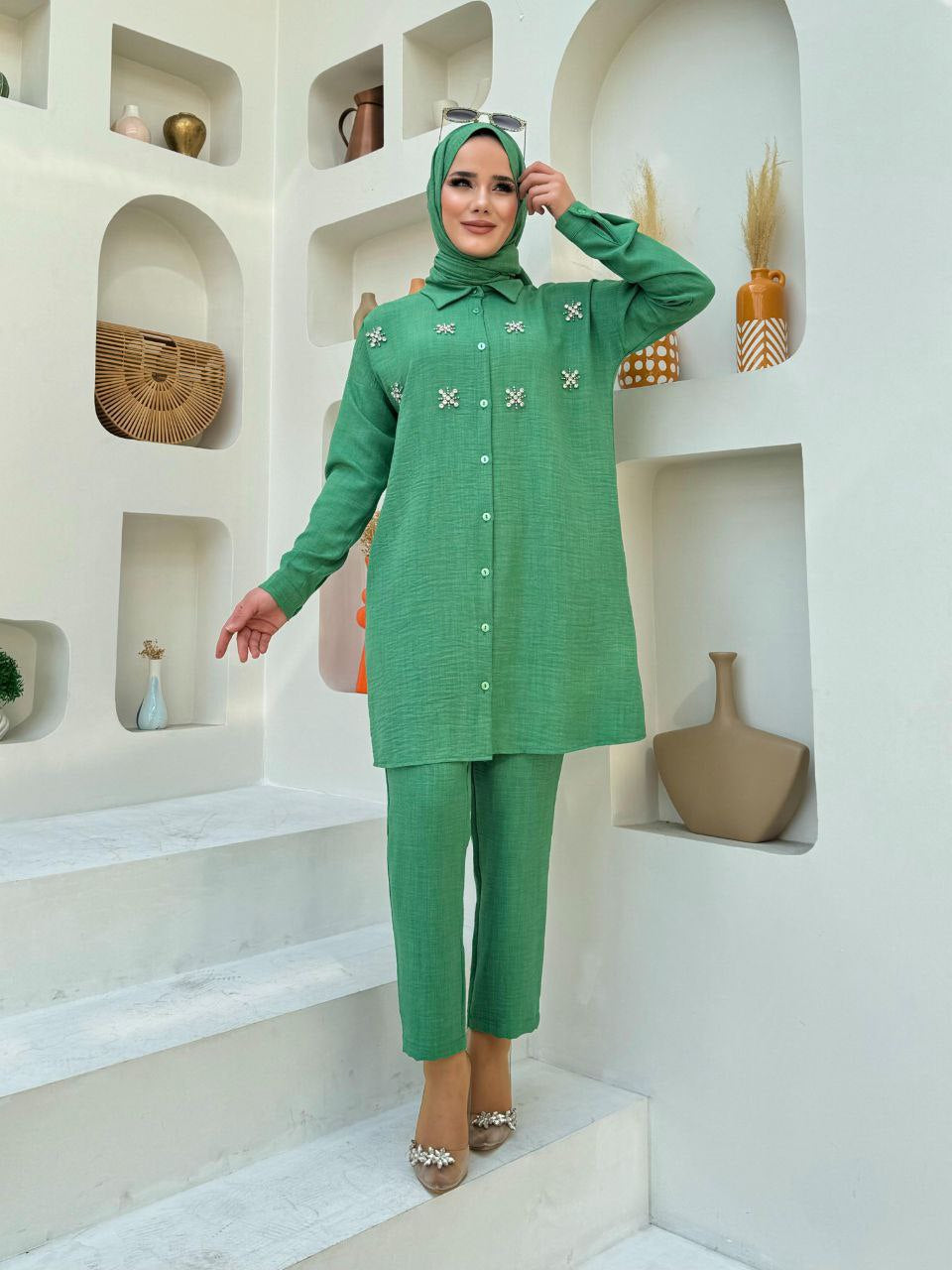 Jeweled Button-up Modest Shirt Set
 (3colours)