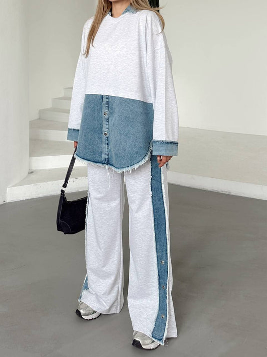 طقم كاجوال بدمج قطن ودنيم مع شريط جانبي وأزرار – Casual Cotton-Denim Set with Side Panel & Button Details (2 Colours)