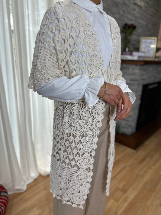 Floral Lace Long Crochet Cardigan