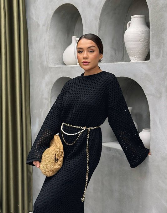 Elegant Textured Dress with Belt(3pcs)
  فستان أنيق بنقشة مميزة وحزام