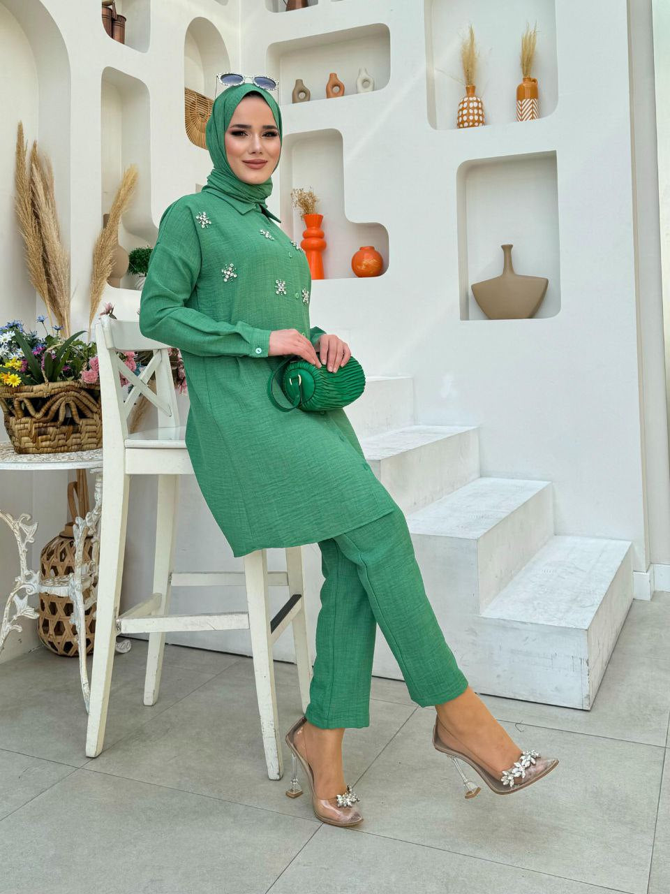 Jeweled Button-up Modest Shirt Set
 (3colours)