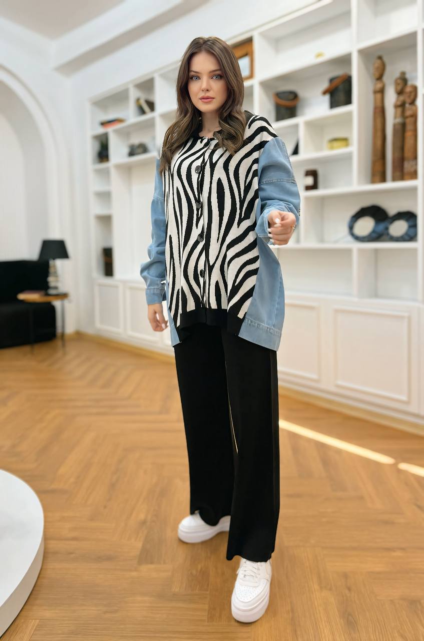 Zebra Print Effortless Elegance Denim-Accented Knit Set