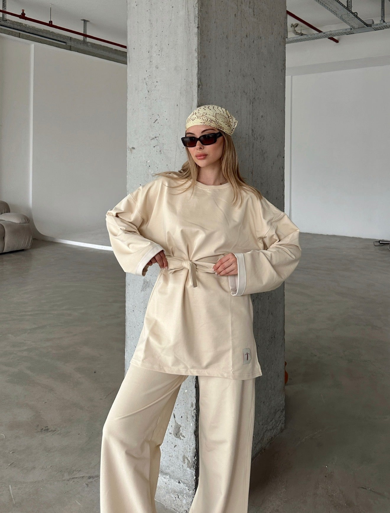 Oversized Belted Sweatshirt and Wide-Leg Pants Set