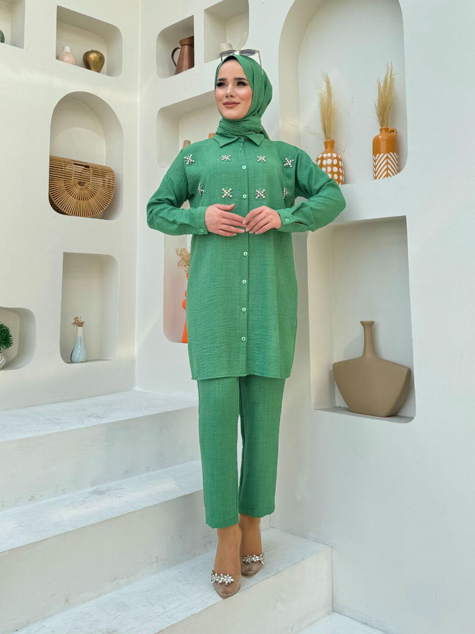 Jeweled Button-up Modest Shirt Set
 (3colours)