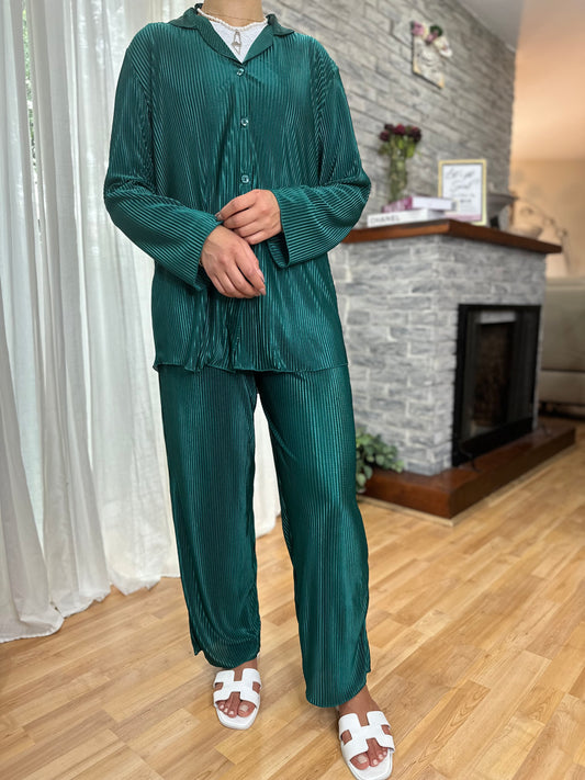 Emerald Satin Pleated Set