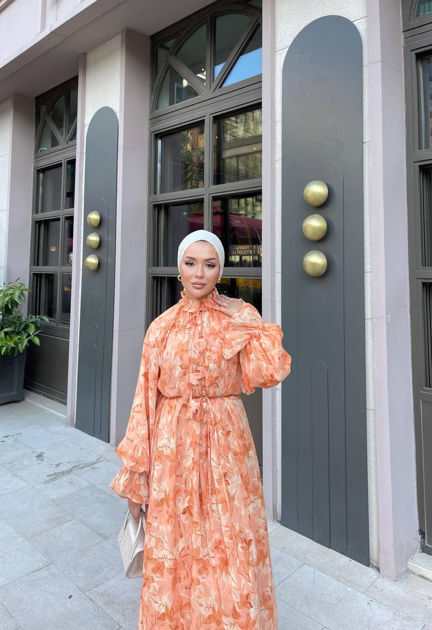 Padded Elegant Floral Orange Maxi Dress with Puff Sleeves