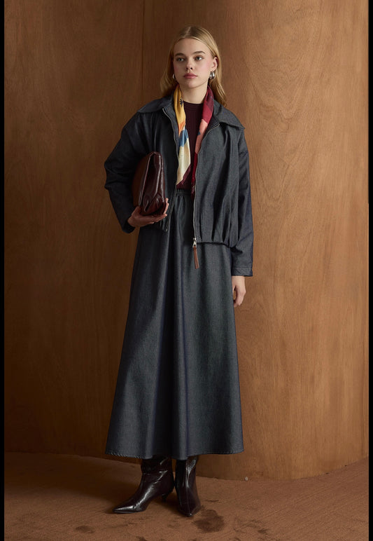 طقم جينز عصري مكوّن من ٣ قطع (تنّورة، جاكيت، وحزام) – Modern Denim Set (Skirt, Jacket & Belt) Padded