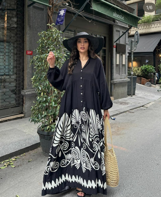 Noir Rhythm Dress – فستان الإيقاع الأسود (مطبوع|printed)