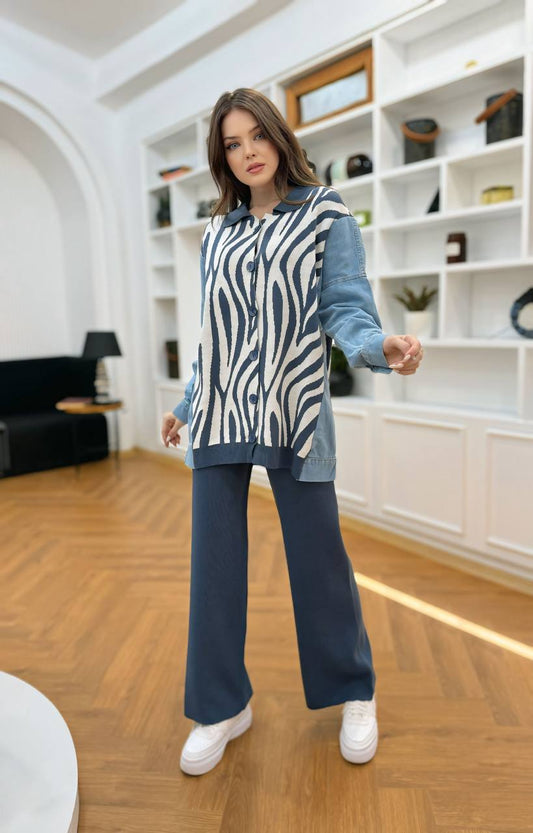 Zebra Print Effortless Elegance Denim-Accented Knit Set