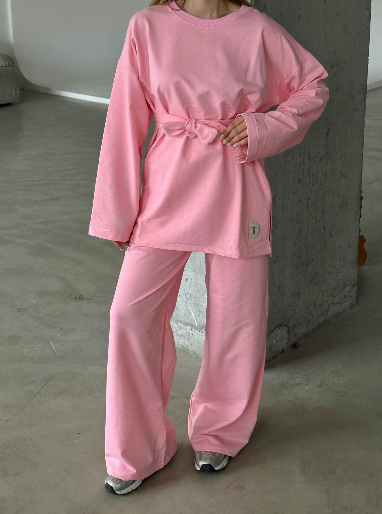 Oversized Belted Sweatshirt and Wide-Leg Pants Set