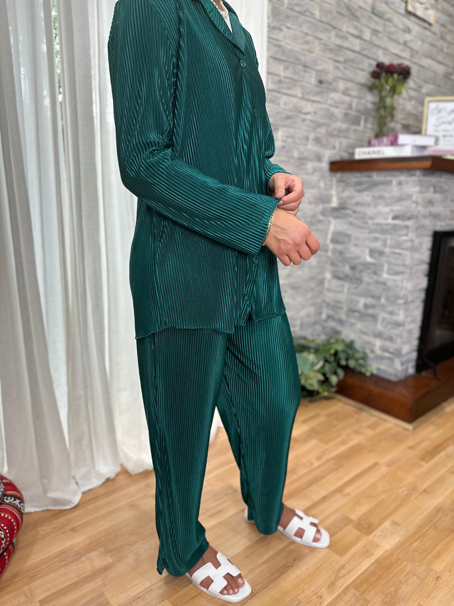 Emerald Satin Pleated Set